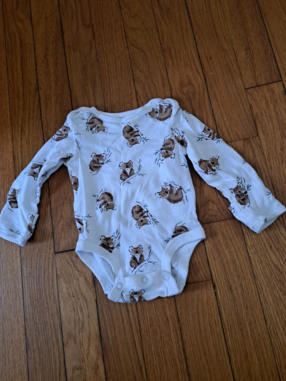 Baby Long-Sleeve Koala Print One-Piece Bodysuit in White and Brown